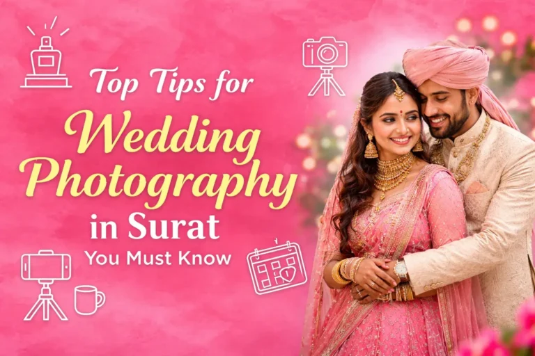 Wedding photography in Surat with a joyful couple in traditional attire, surrounded by photography icons, highlighting the top tips and essential guide for wedding photography.