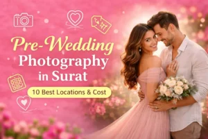 Couple posing for pre-wedding photography in Surat, with a romantic soft pink background and tips for the best locations and photography costs.