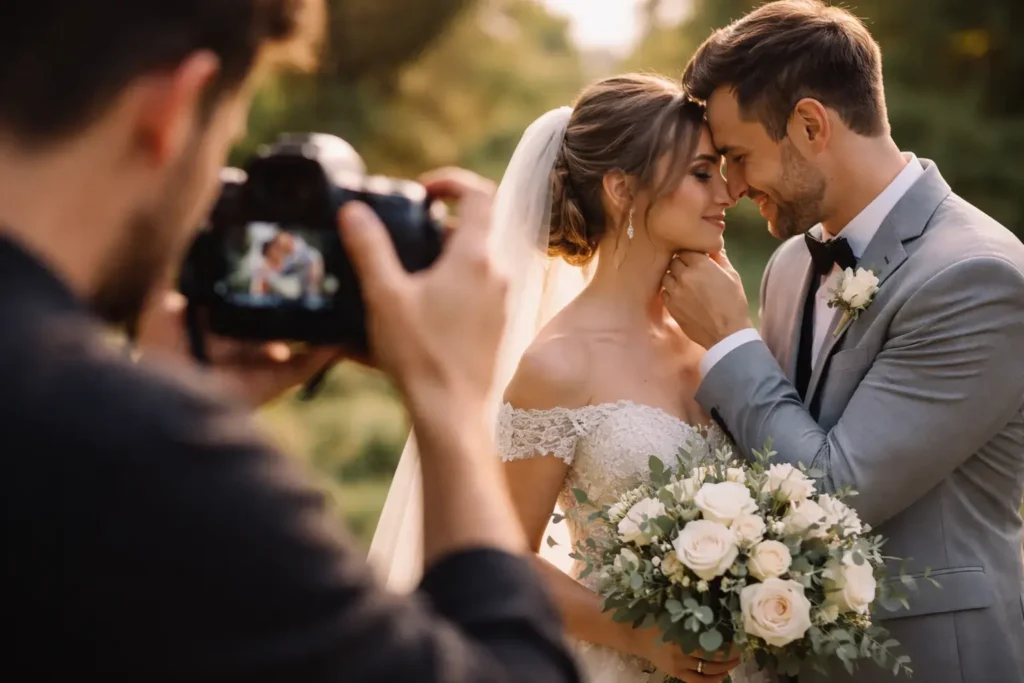 Wedding photographer capturing an intimate candid moment of the bride and groom in Surat.