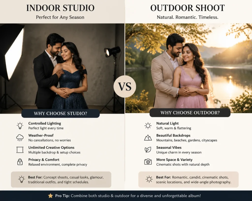 indoor and outdoor pre-wedding